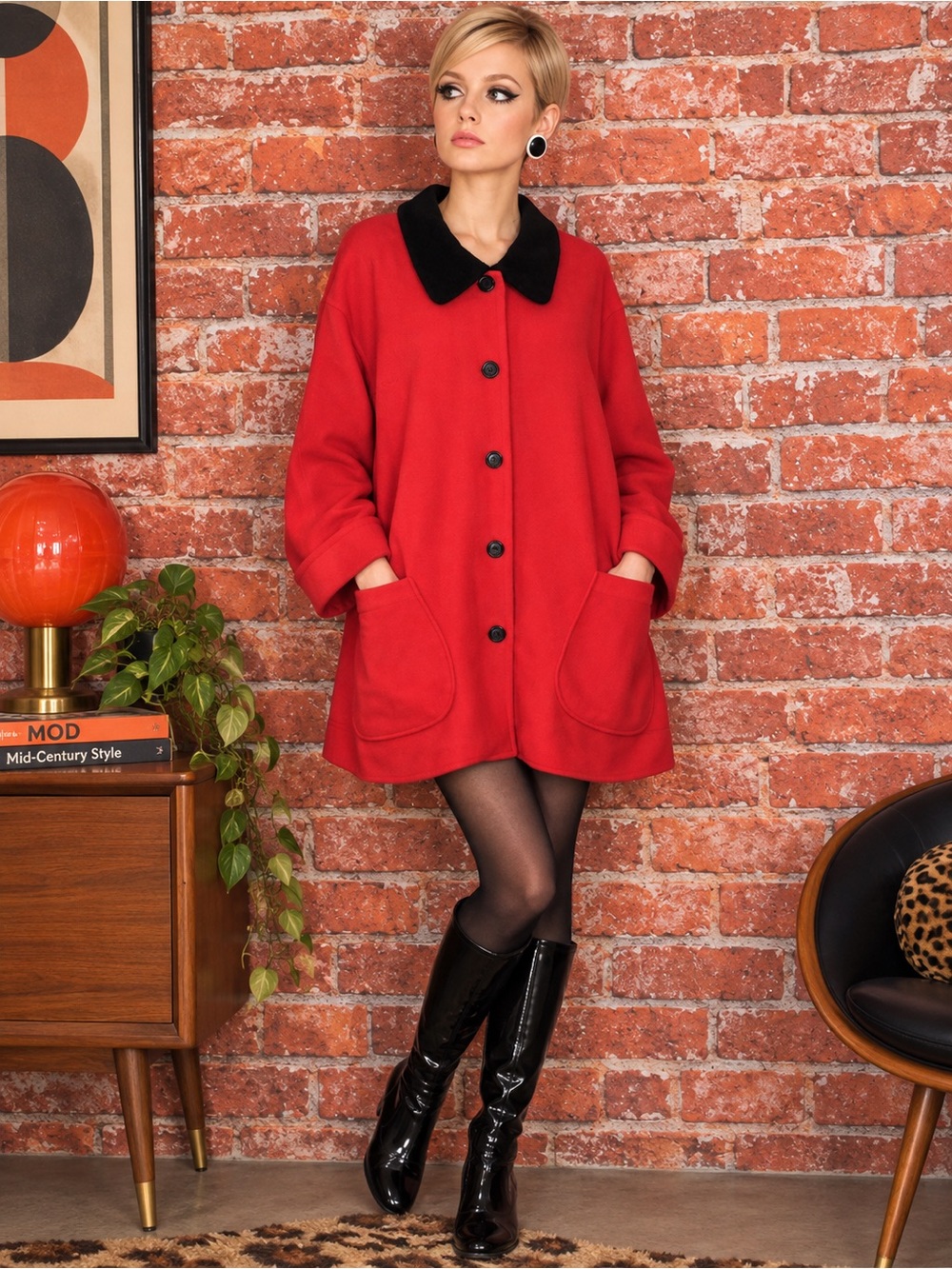 Vintage 60s Mod Style Red Fleece Swing Coat
